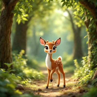Primary subject: A deer with a bow on its head.

Setting/background: A forest with trees and a path.

Visual style: Digital art.

Colors and mood: The deer is brown and white, and the overall atmosphere is calm and serene.
